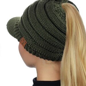 C.C. Brand Hat Ponytail Visor Brim Beanie Ski Knit Cap Olive Green Boho Winter